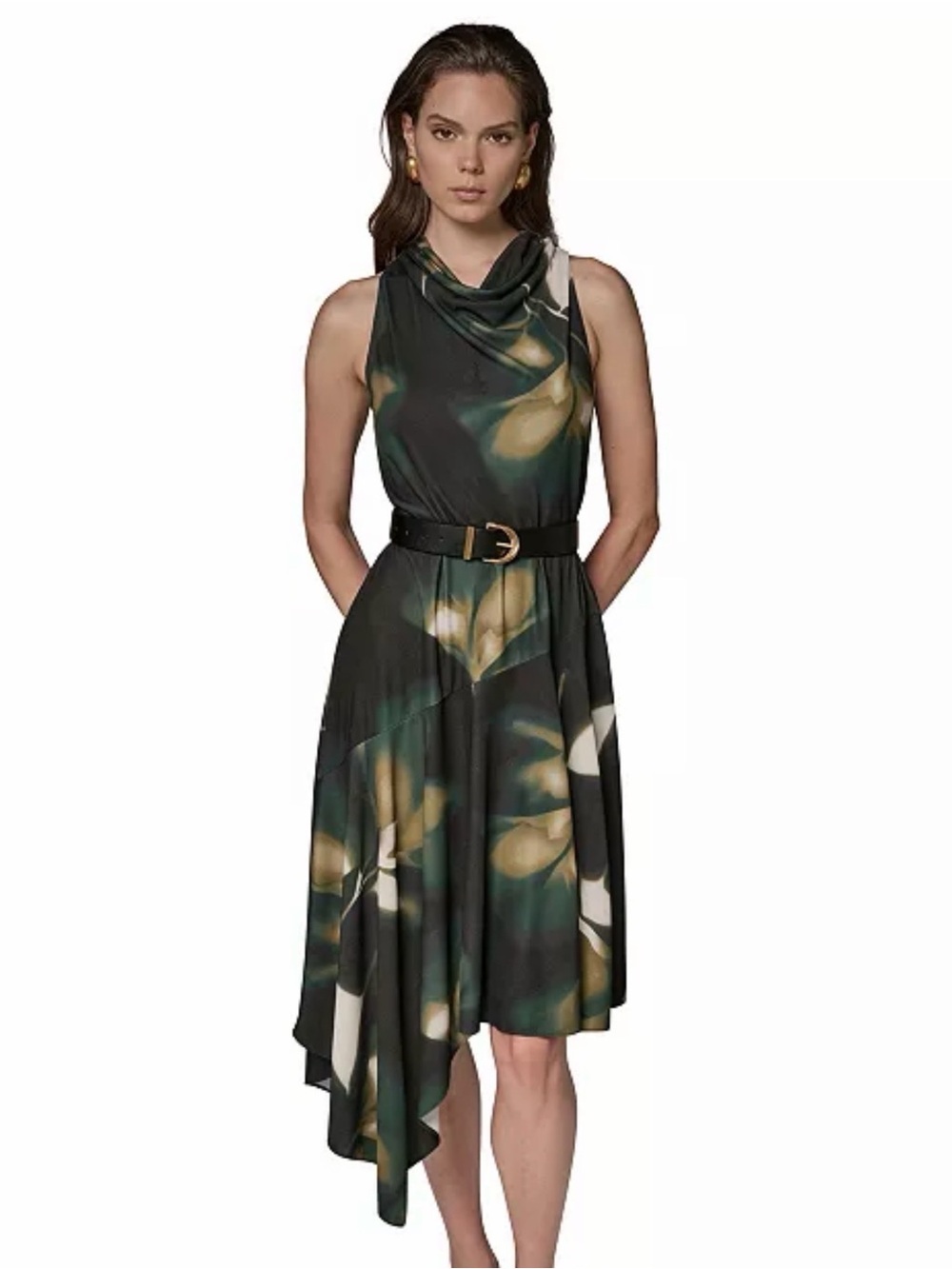NWT Donna Karan Jersey Print Belted Asymmetrical High Low Midi Dress M